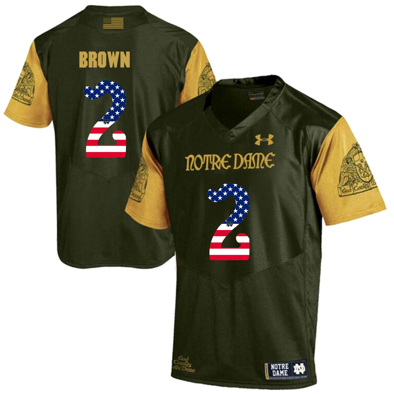 Men Norte Dame Fighting Irish #2 Brown Green Flag Customized NCAA Jerseys